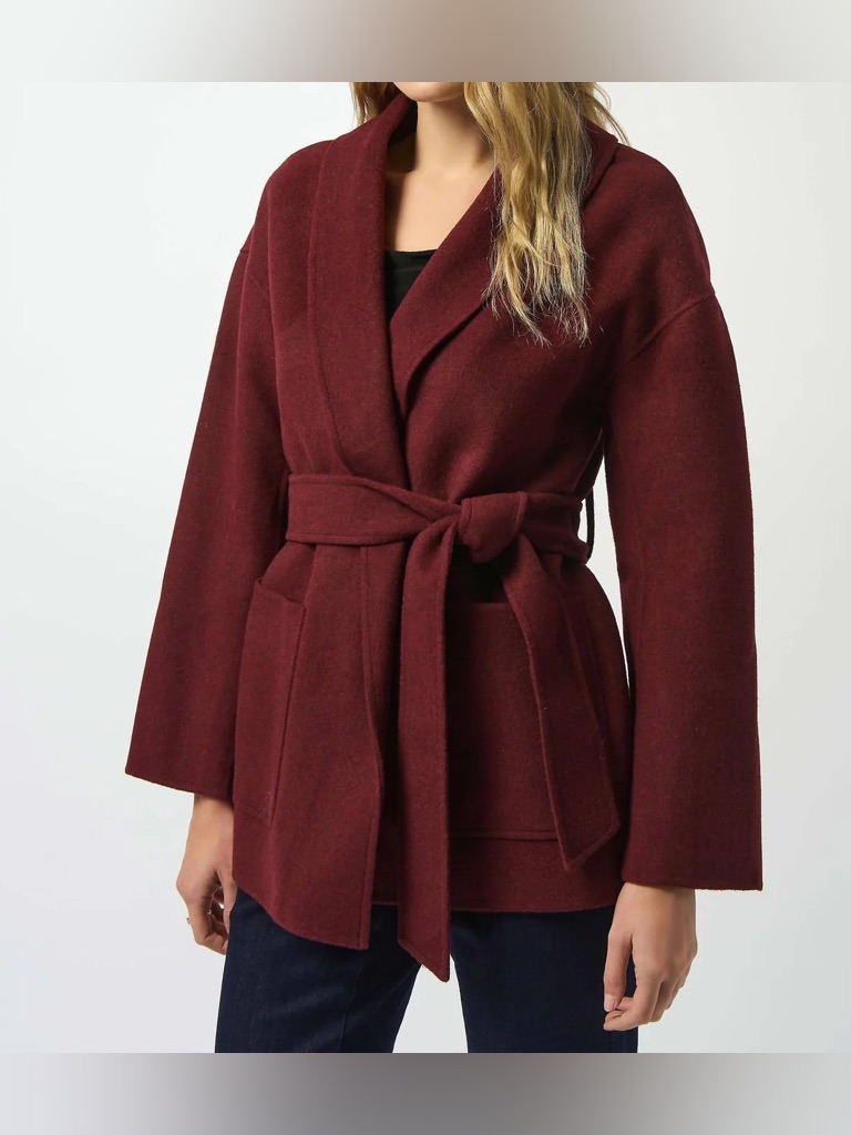 New Joseph Ribkoff Merlot Wrap Kimono Belted Coat With Shawl Collar Style